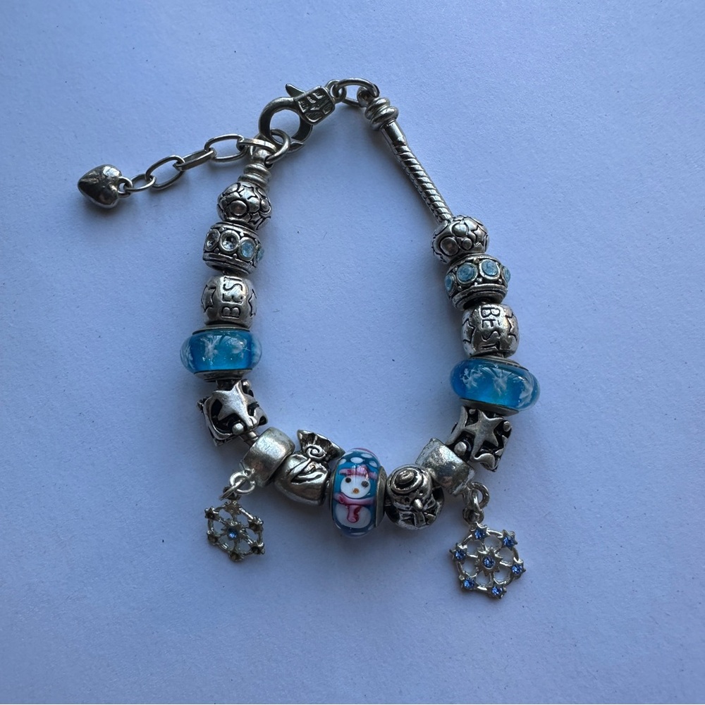Glass Charm Bracelet Blue Rhinestones Rondelles Silver 925 Winter Frozen READ
